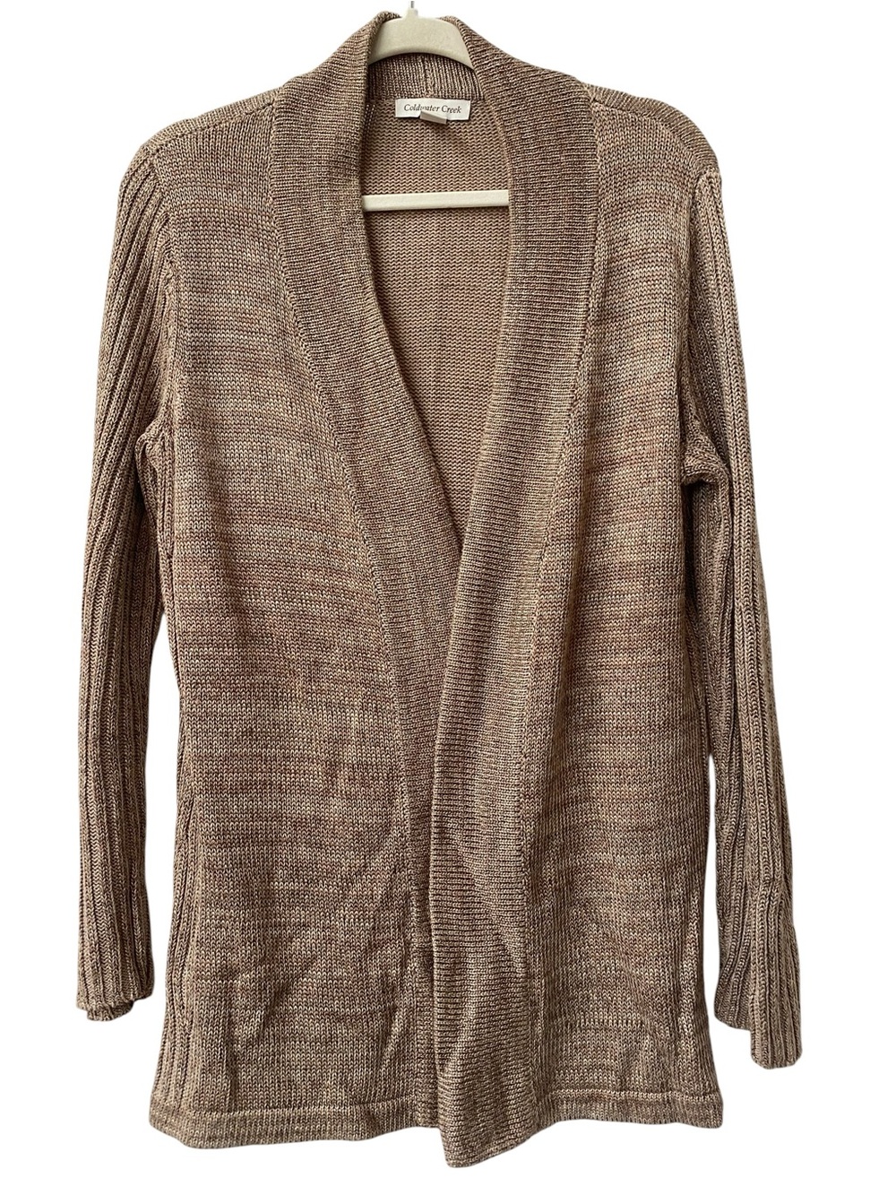 Coldwater Creek Taupe Tan Khaki Open-Front Knit Cardigan Sweater M 10 12